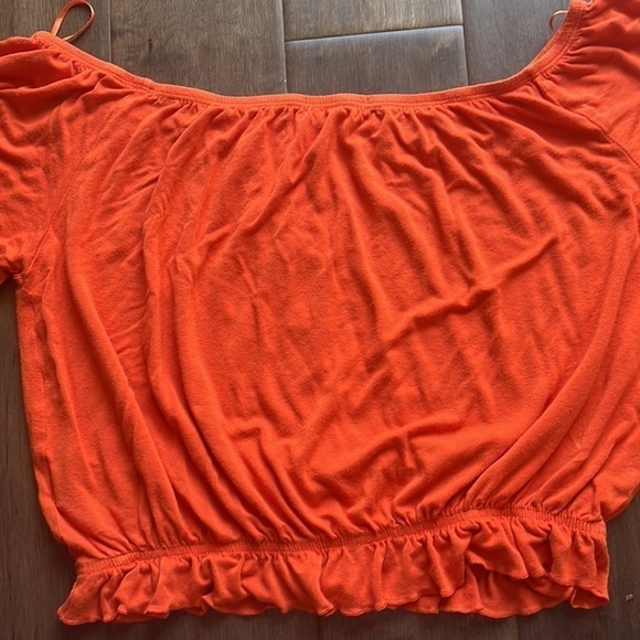 Suzy sheer off shoulder crop top orange size small, short sleeve - Picture 3 of 5